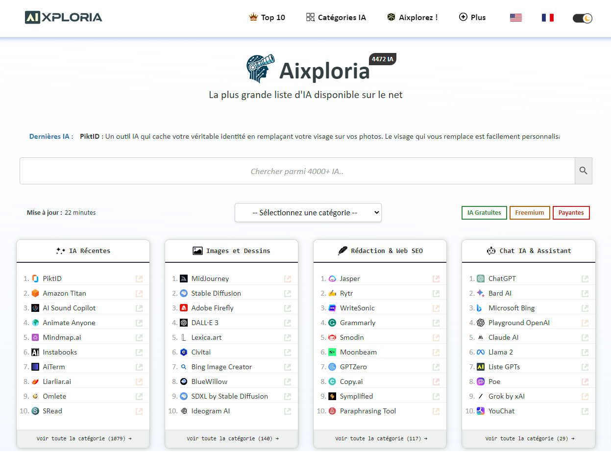 Liste des Meilleures IA Gratuites & Top 10 par Catégorie | Aixploria
